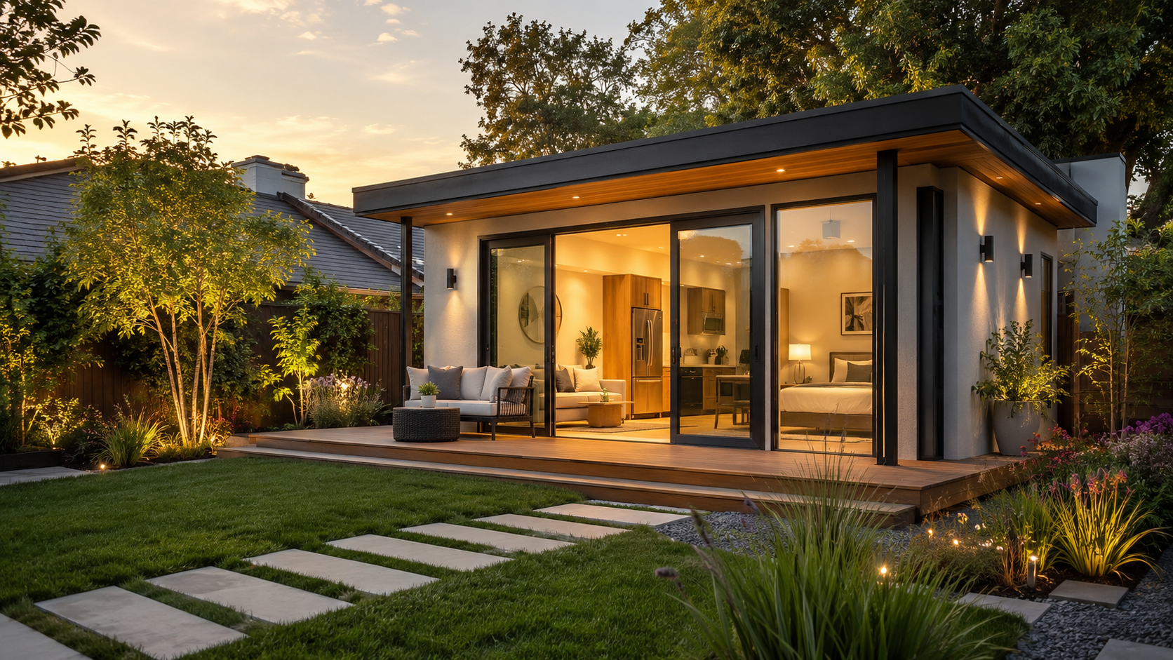 Modern detached ADU with sliding glass doors, wood deck, and landscaped backyard at sunset